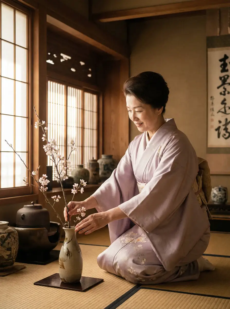 一位优雅的 闭俗情侣 在和室中插花