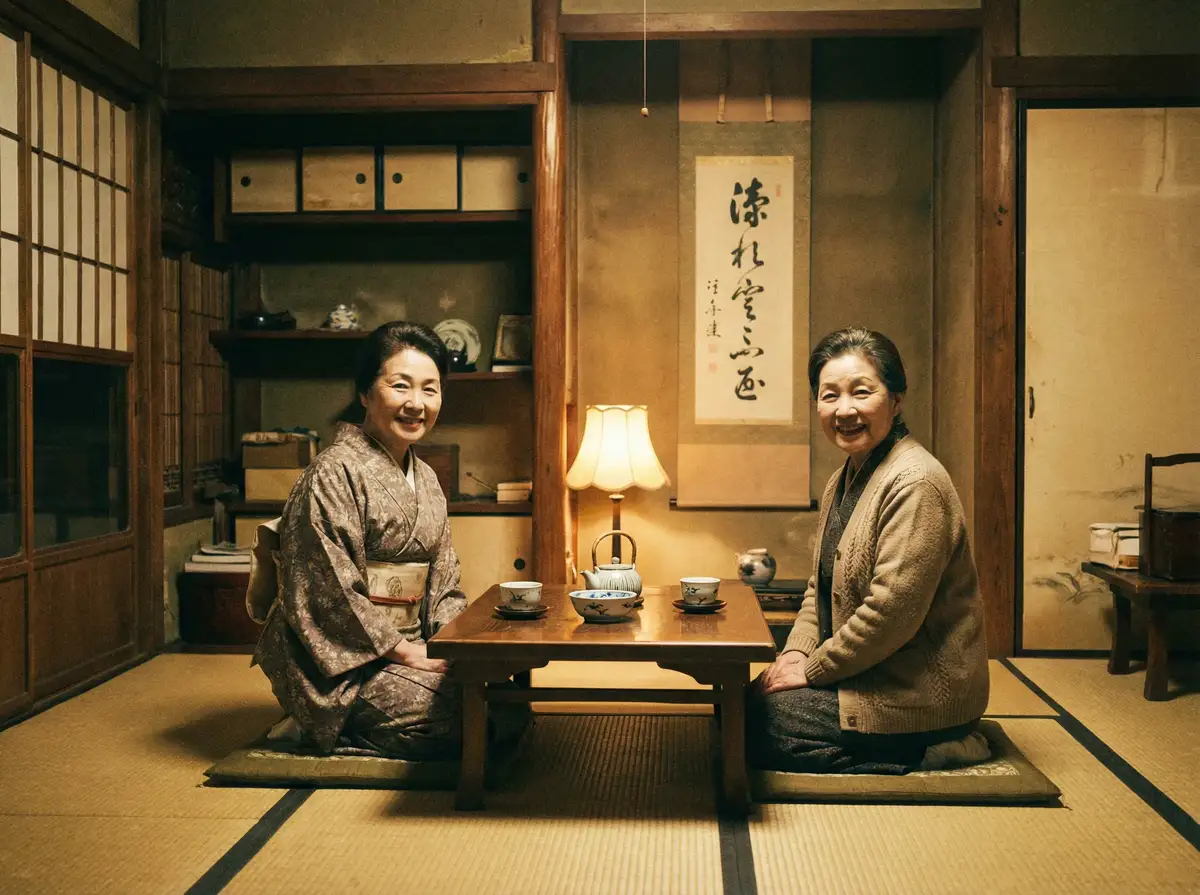 两位优雅的 闭俗情侣 在日式茶室中品茶交谈